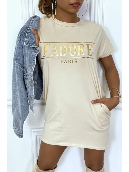 Robe T-shirt courte asymétrique beige avec écriture doré "J'adore" et poches - 3