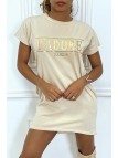 Robe T-shirt courte asymétrique beige avec écriture doré "J'adore" et poches - 4