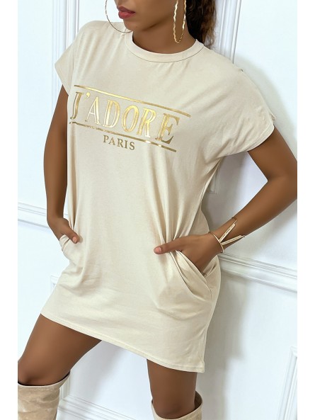 Robe T-shirt courte asymétrique beige avec écriture doré "J'adore" et poches - 6