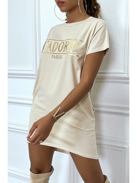 Robe T-shirt courte asymétrique beige avec écriture doré "J'adore" et poches - 7