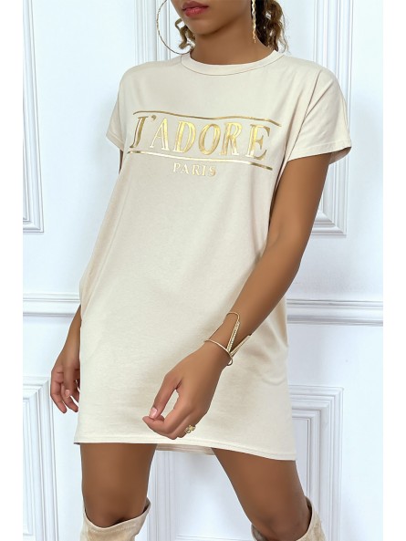 Robe T-shirt courte asymétrique beige avec écriture doré "J'adore" et poches - 8