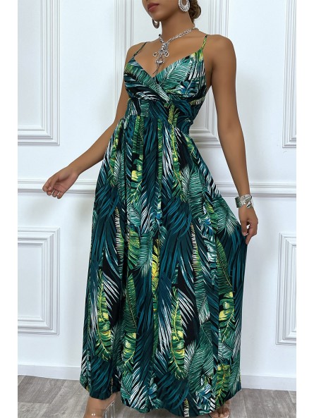 Robe longue à motif palmier verte. Magnifique robe d'été cintrée avec décolleté croisé - 2