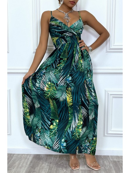 Robe longue à motif palmier verte. Magnifique robe d'été cintrée avec décolleté croisé - 3