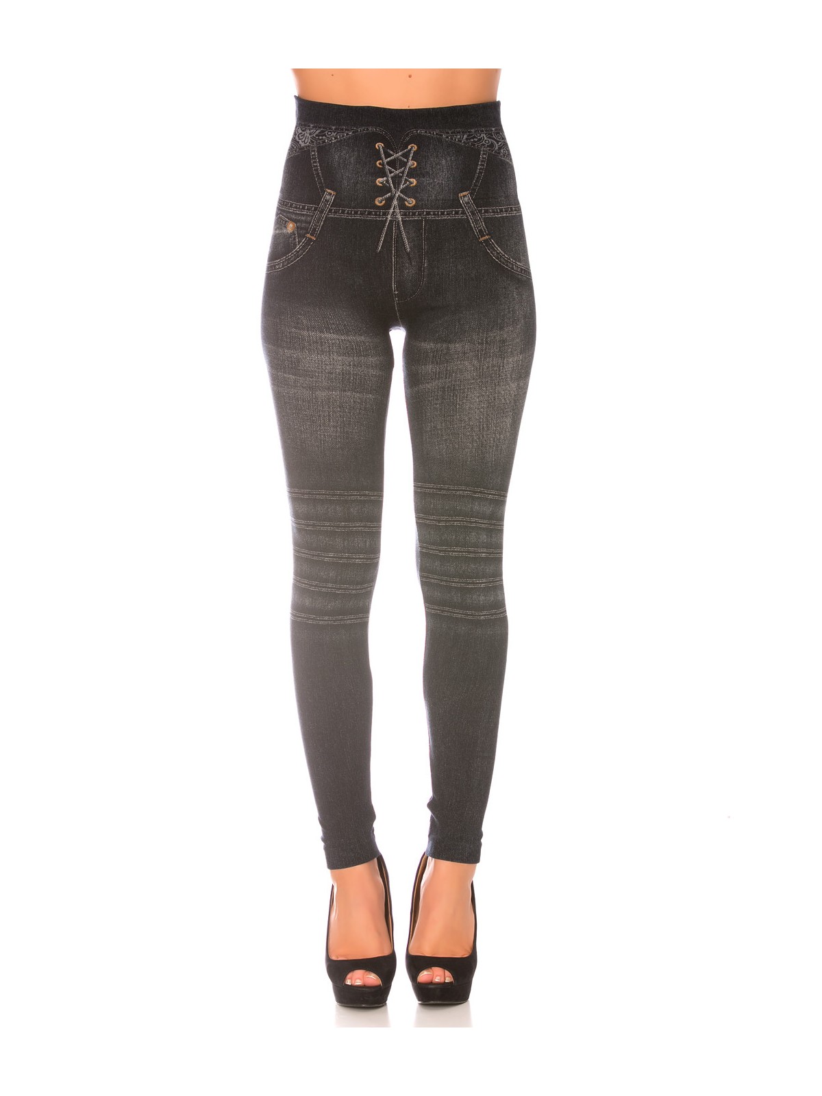 Leggings minceur noir style jeans taille haute et effet lien croisé. Effet Push-Up - 1