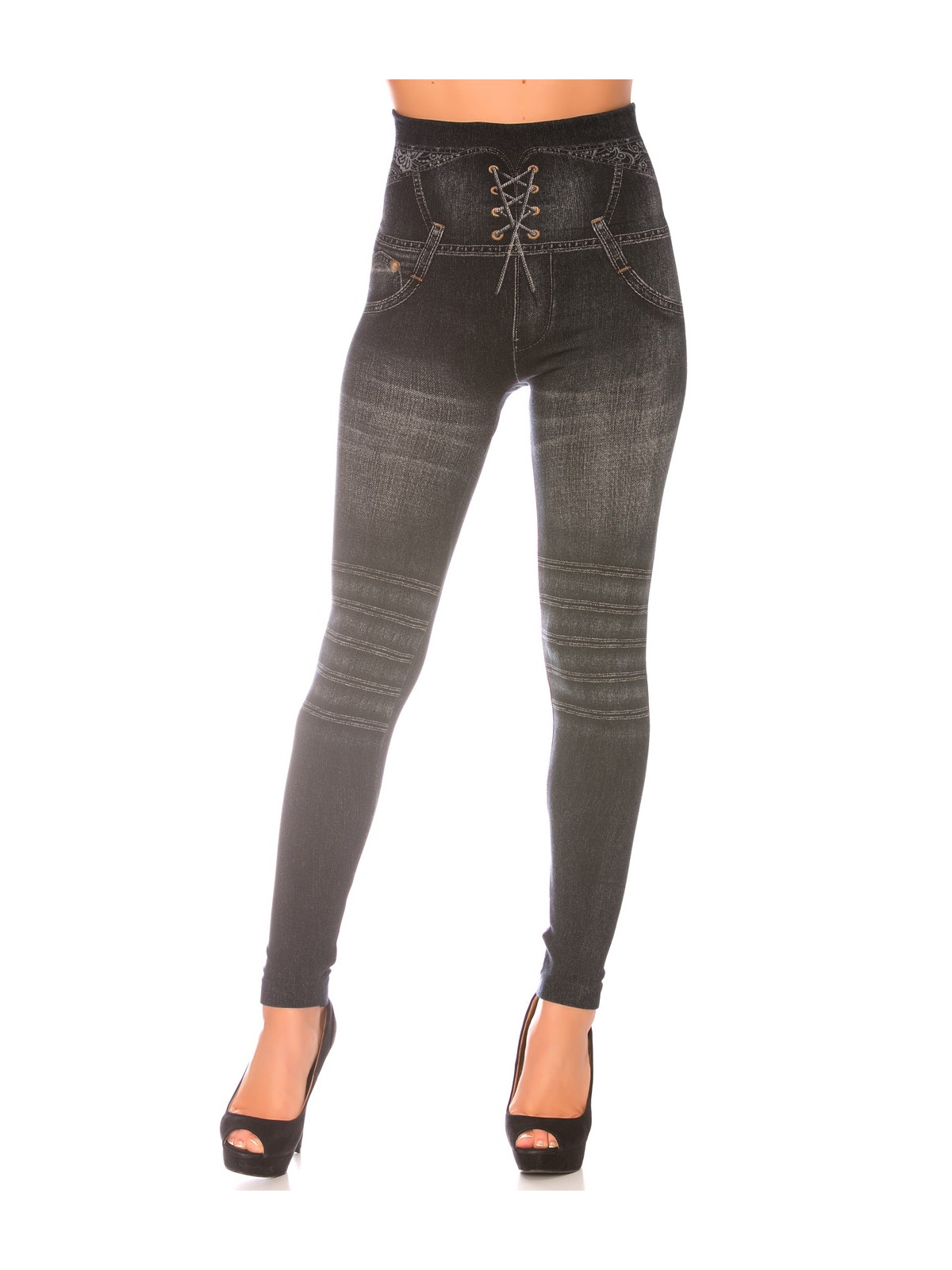 Leggings minceur noir style jeans taille haute et effet lien croisé. Effet Push-Up - 4