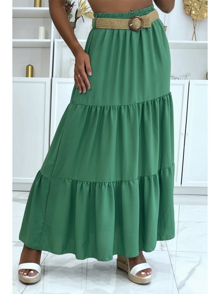 Longue jupe verte style bohème chic avec magnifique ceinture effet paille à fermoir rond - 1