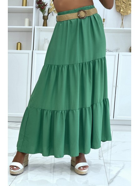 Longue jupe verte style bohème chic avec magnifique ceinture effet paille à fermoir rond - 2