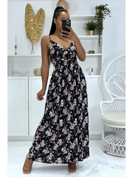 Longue robe marine à motif floral avec bretelle - 2
