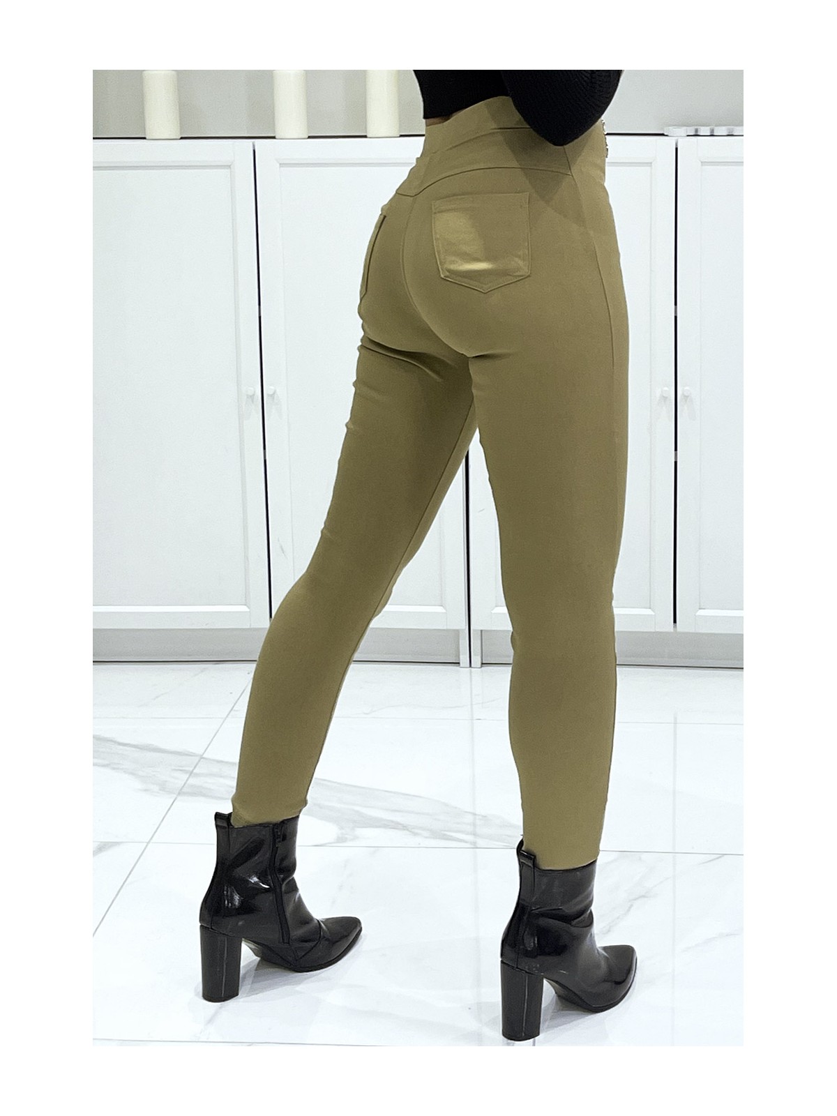 Pantalon slim taupe extensible taille haute à double zip  - 3