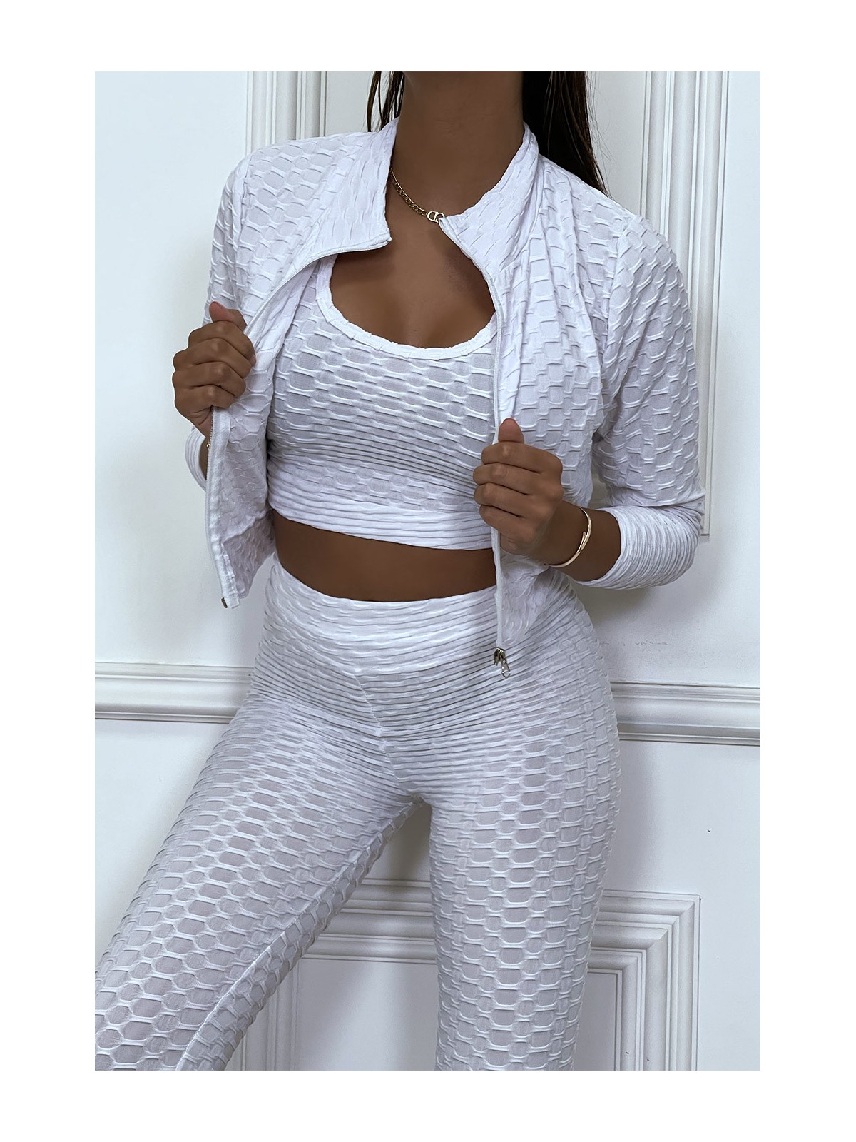 Ensemble fitness push-up blanc composé de 3 pièces : legging, crop top et mini veste - 1