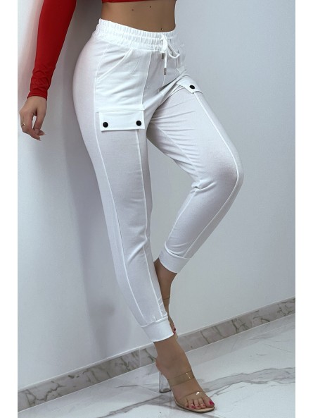 Pantalon jogging blanc taille haute à poches - 1