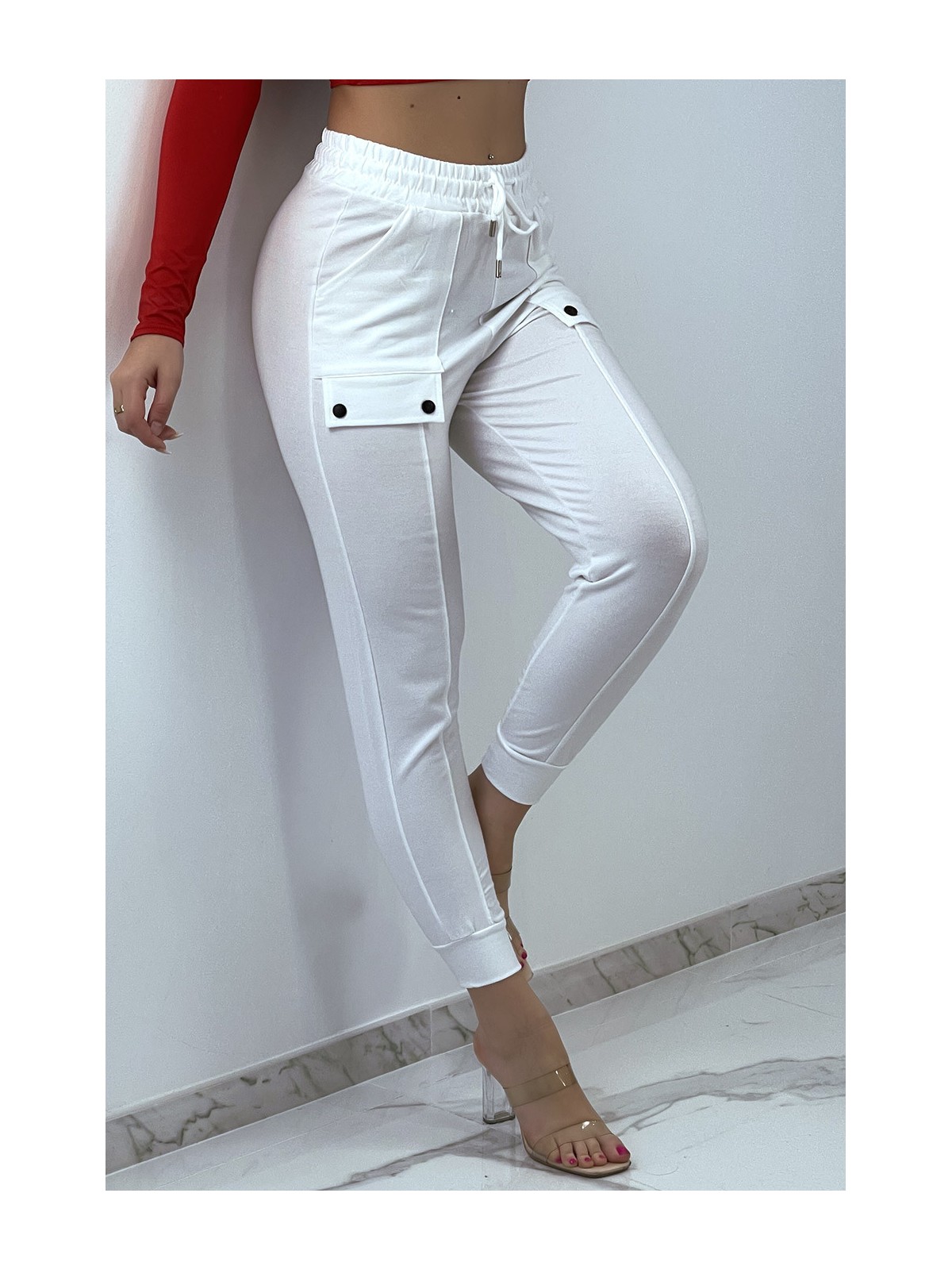 Pantalon jogging blanc taille haute à poches - 1