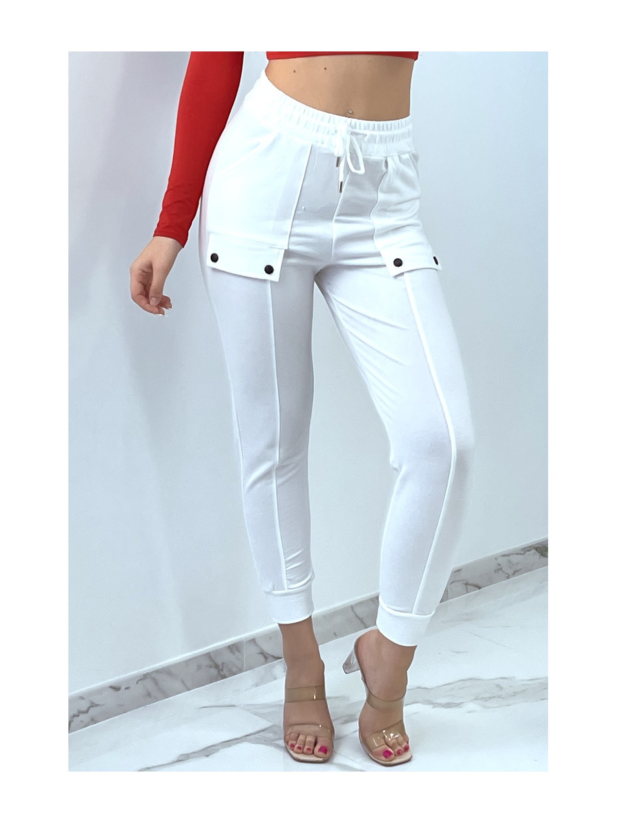 Pantalon jogging blanc taille haute à poches - 2