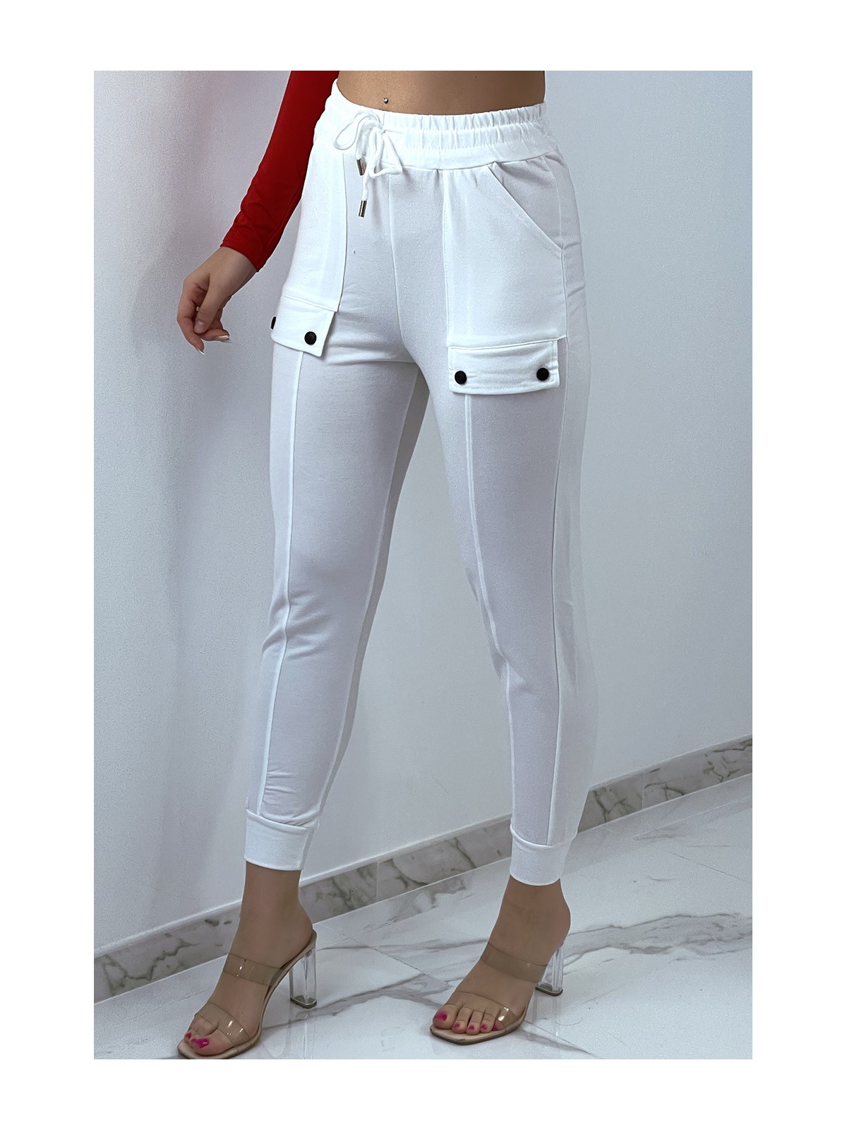 Pantalon jogging blanc taille haute à poches - 3