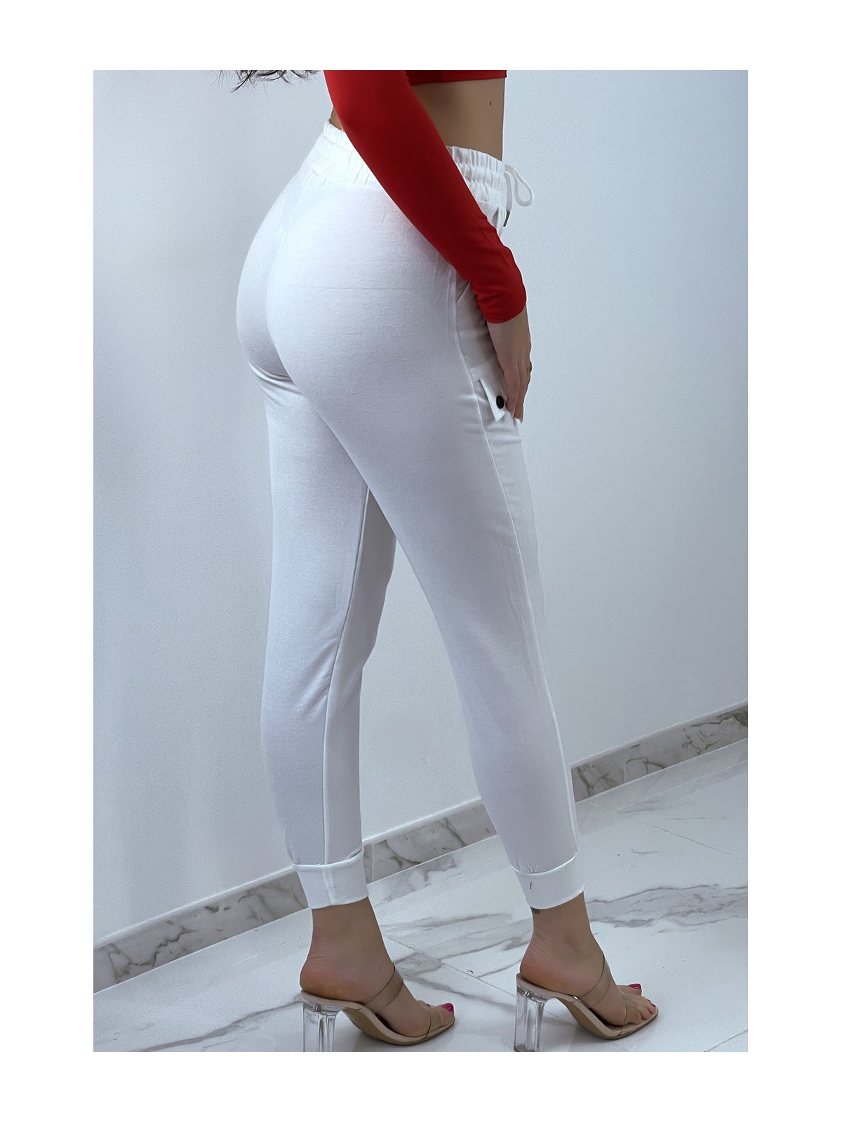 Pantalon jogging blanc taille haute à poches - 5