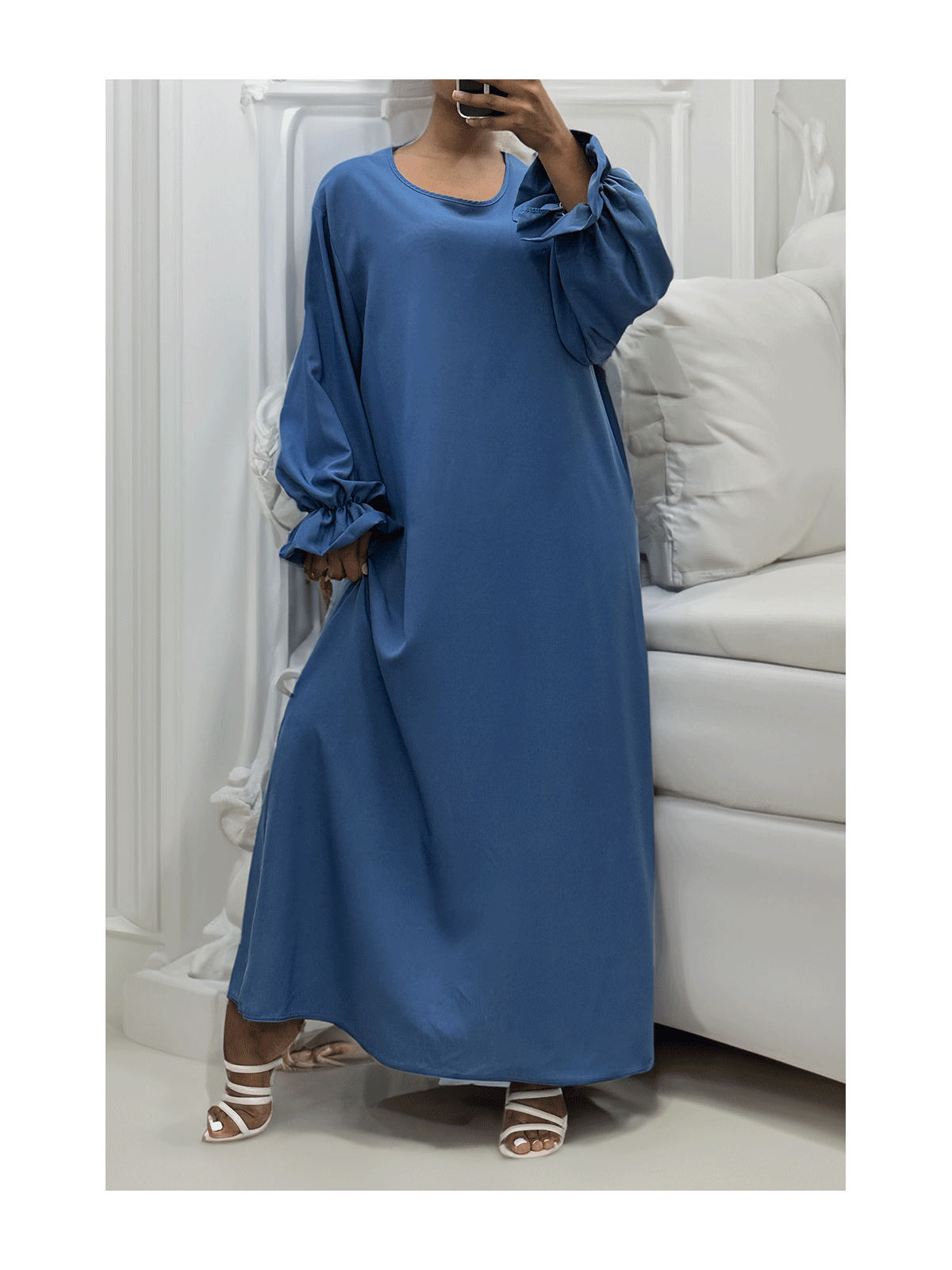 Longue abaya bleu froncé aux manches - 2