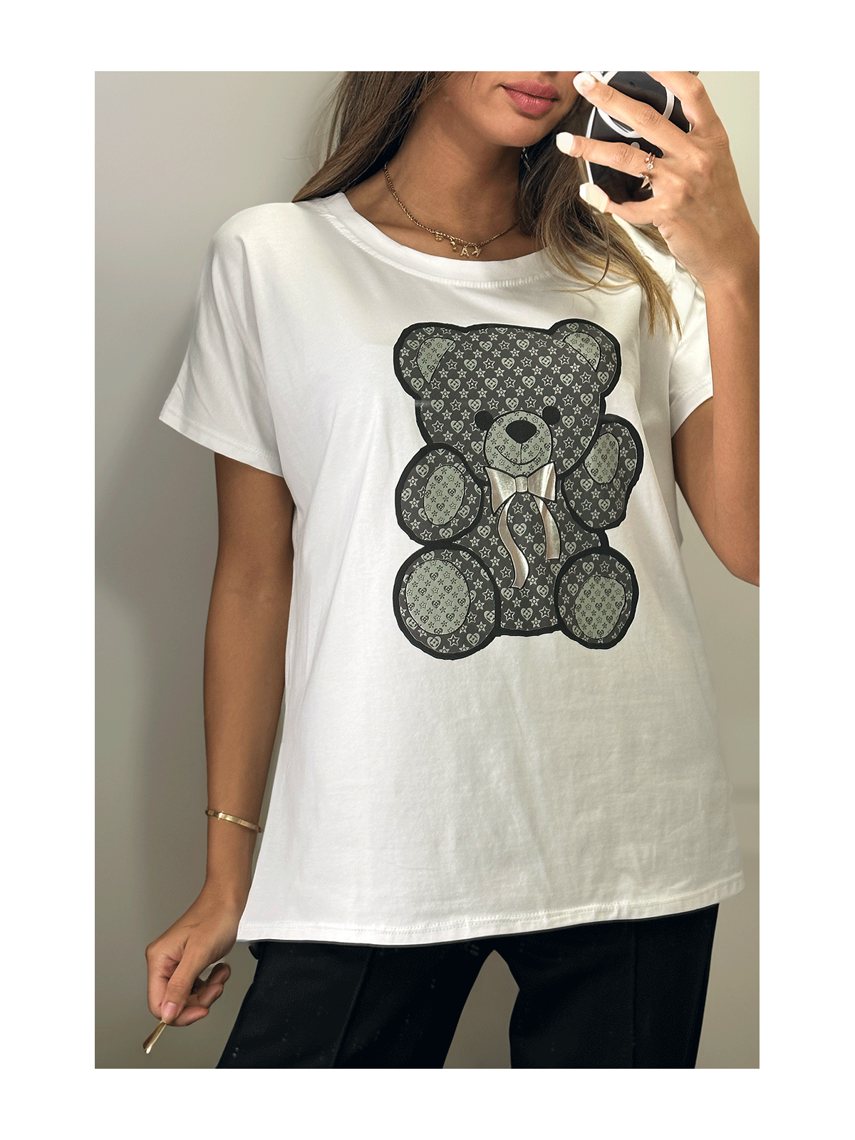 Tshirt blanc imprimé ours noir - 1