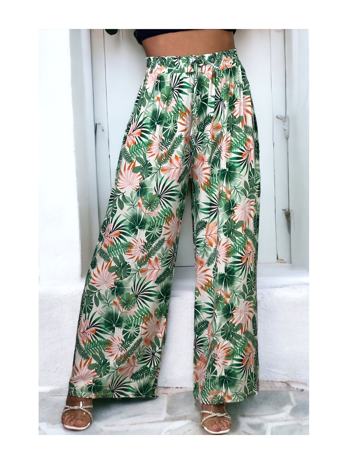 Pantalon palazzo vert imprimé tropical - 2