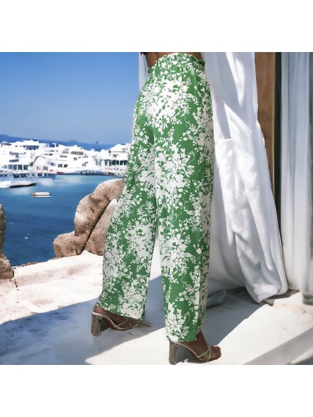 Pantalon palazzo motif fleuris vert - 1