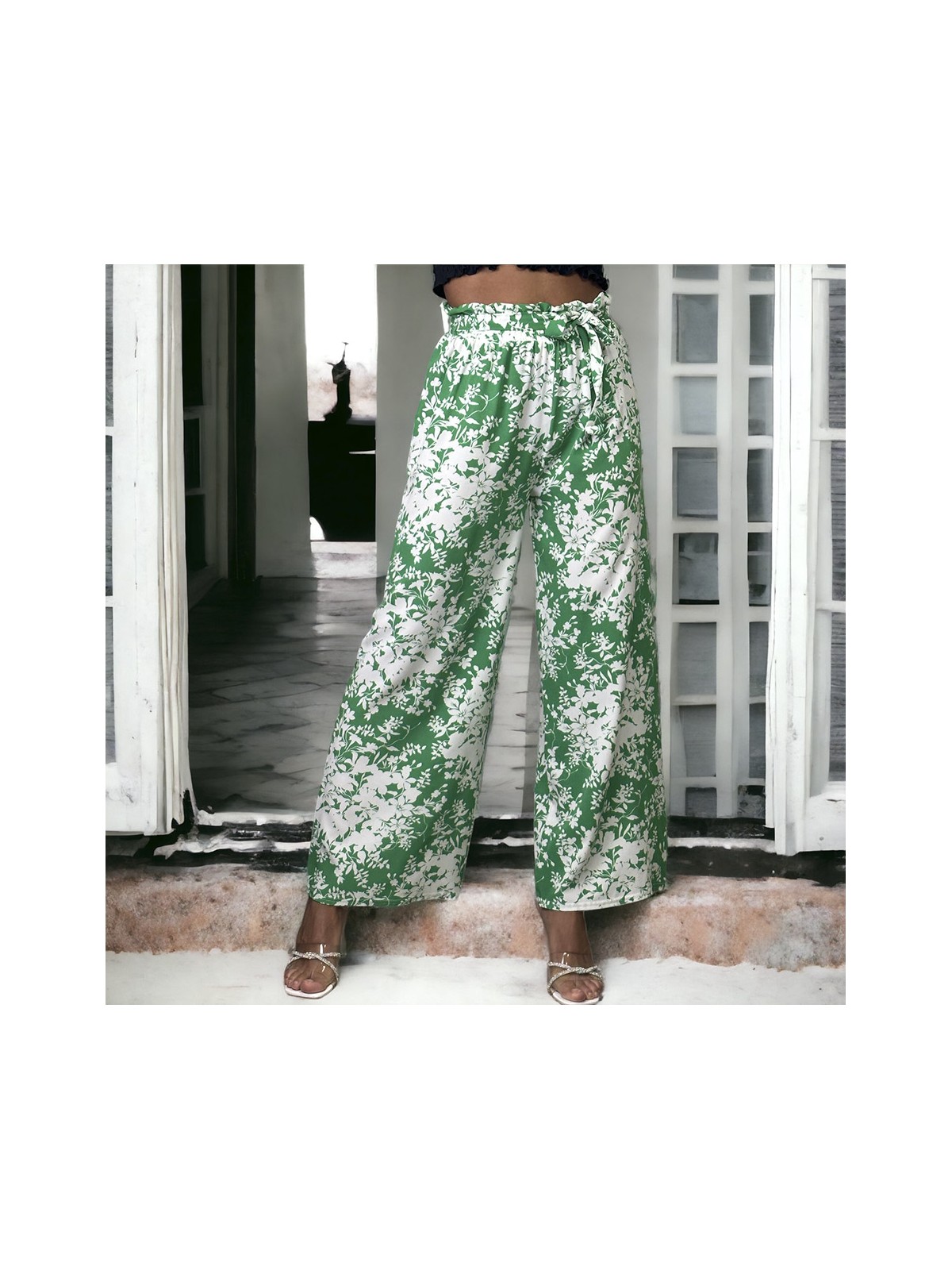 Pantalon palazzo motif fleuris vert - 3
