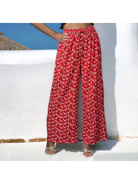 Pantalon palazzo plissé rouge à motif - 2