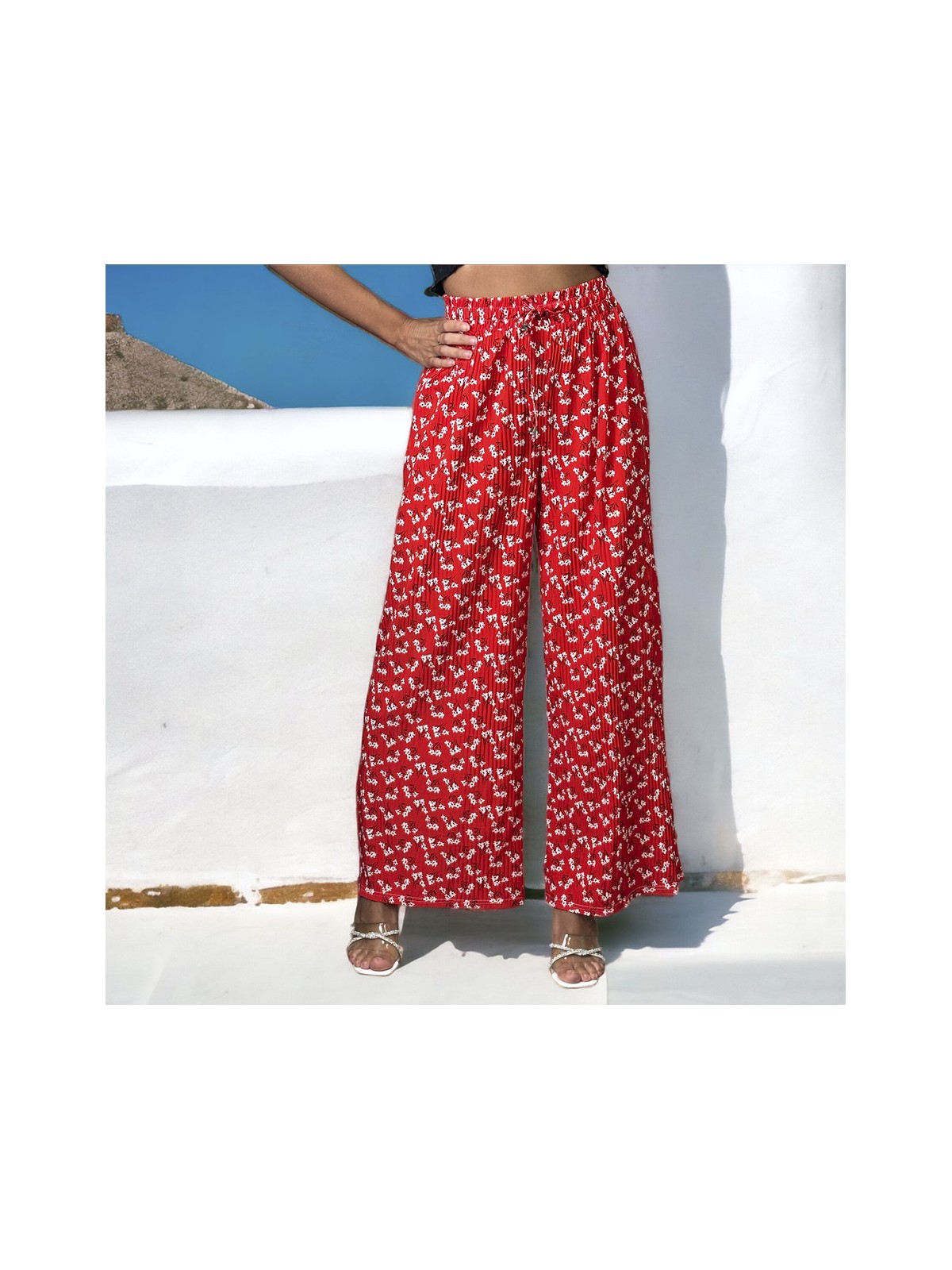 Pantalon palazzo plissé rouge à motif - 2