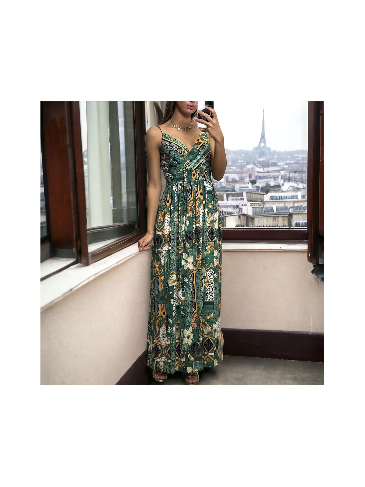 Longue robe avec sublime motif vert bretelles amovible - 3