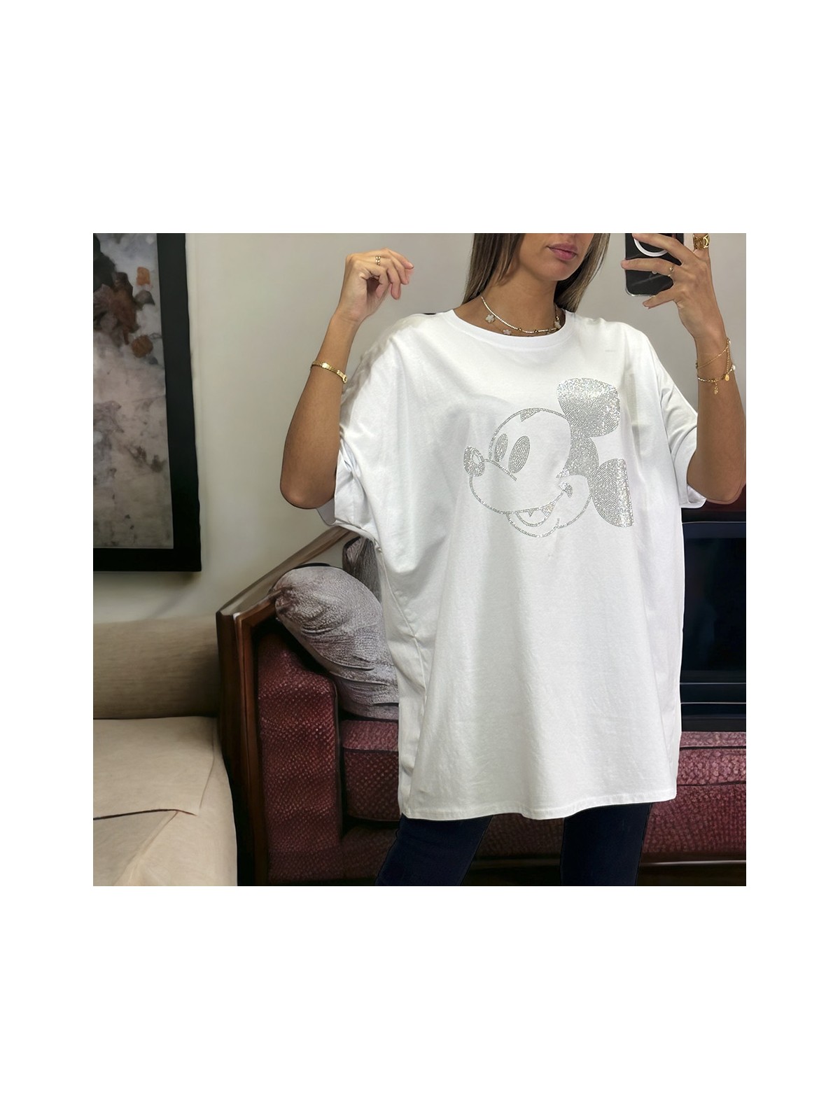 T-shirt over size en coton avec motif en strass - 3
