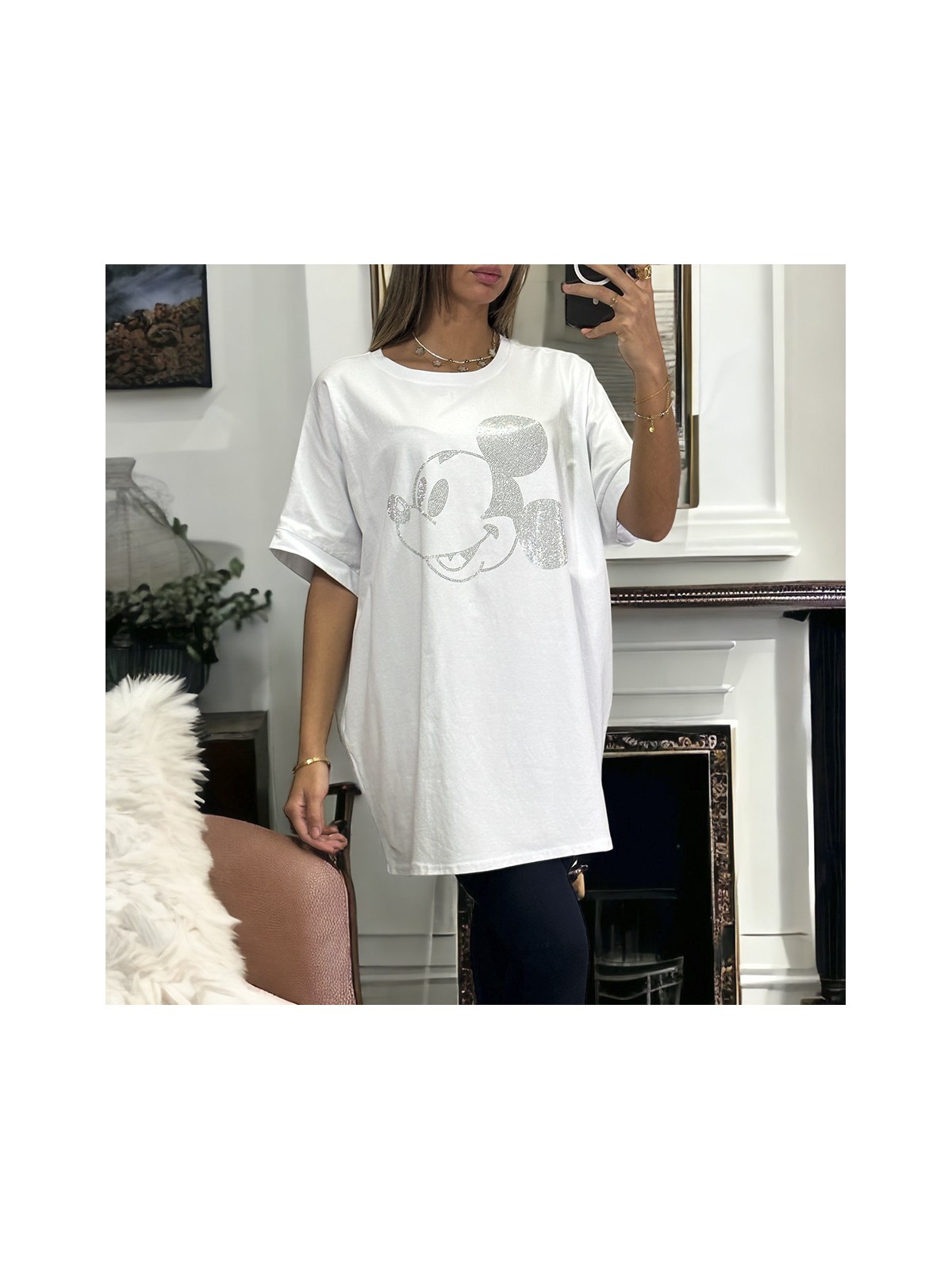 T-shirt over size en coton avec motif en strass - 4