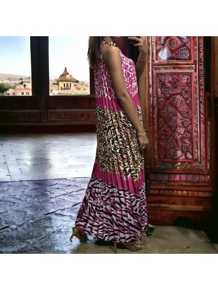 Longue robe plissé fuchsia avec motif léopard - 1
