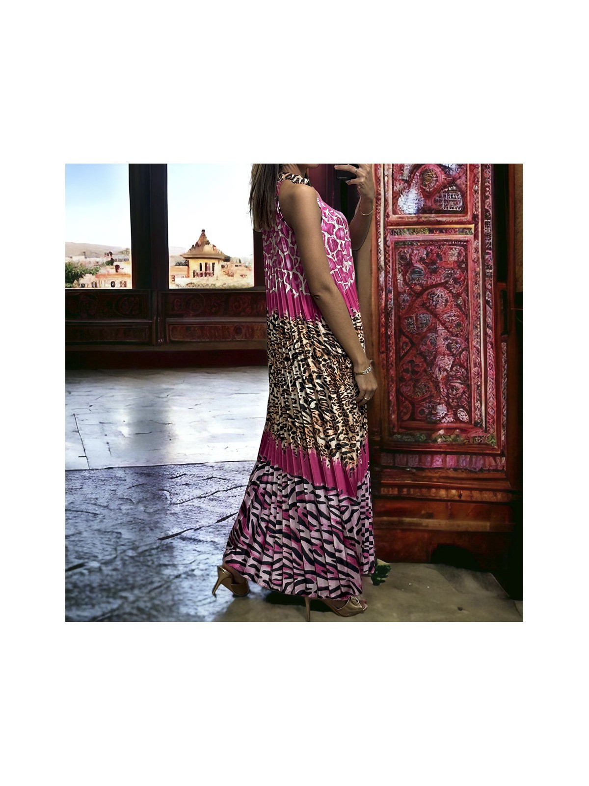 Longue robe plissé fuchsia avec motif léopard - 1