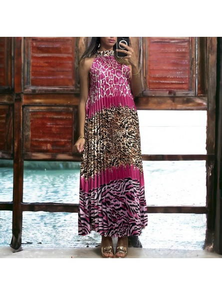 Longue robe plissé fuchsia avec motif léopard - 2