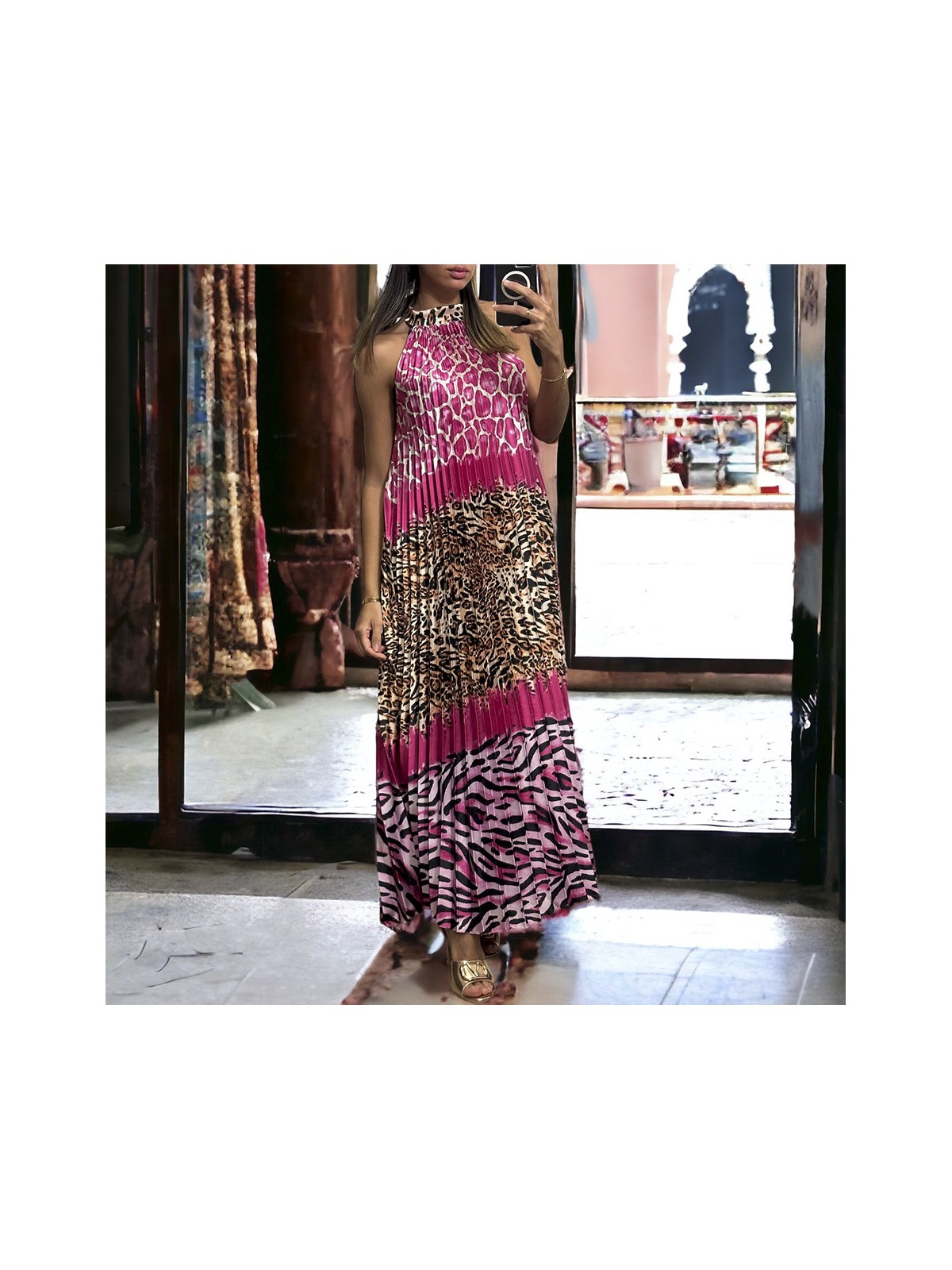 Longue robe plissé fuchsia avec motif léopard - 3