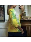 Haut over size manche chauve souris vert motif fleur en maille tricot - 1