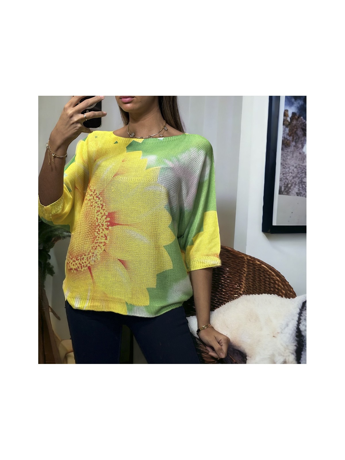 Haut over size manche chauve souris vert motif fleur en maille tricot - 3
