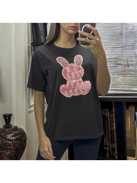 T-shirt over size noir avec lapin en broderie et strass - 3