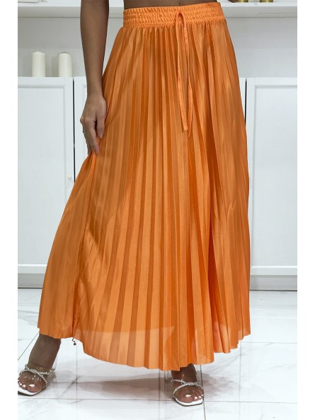 Longue jupe plissé satiné orange très chic - 2