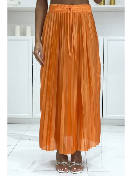 Longue jupe plissé satiné orange très chic - 3