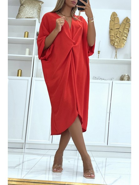 Longue robe tunique rouge over-size croisé devant - 1