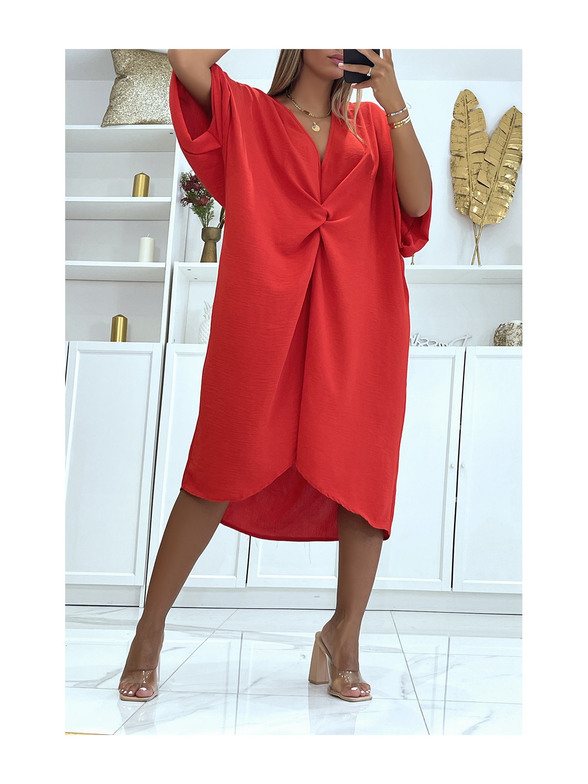 Longue robe tunique rouge over-size croisé devant - 2