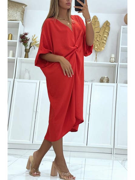 Longue robe tunique rouge over-size croisé devant - 3