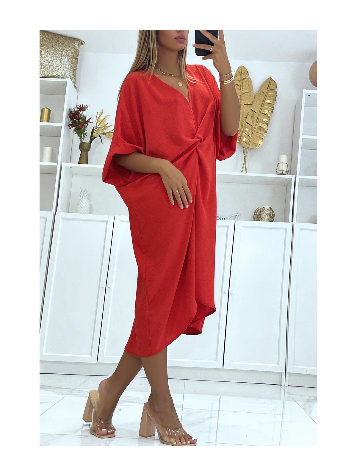 Longue robe tunique rouge over-size croisé devant - 3