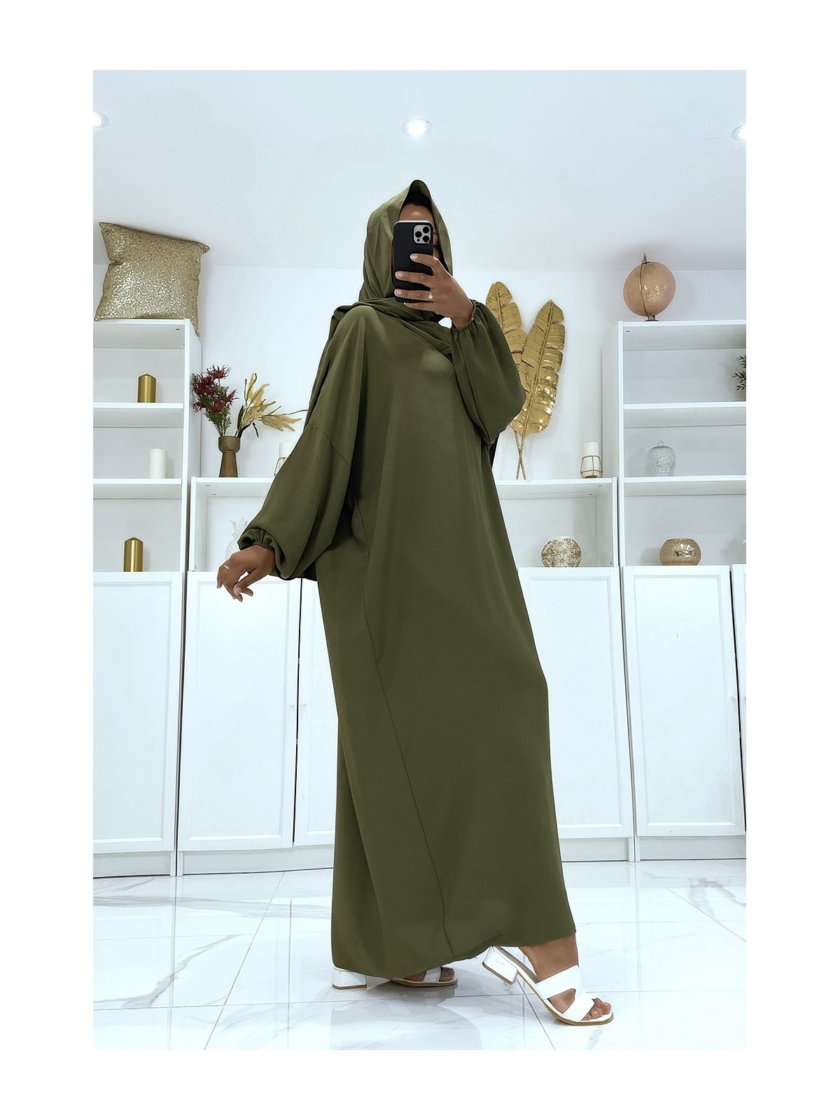 Abaya kaki avec voile intégré pas chère couleur vitaminée - 3