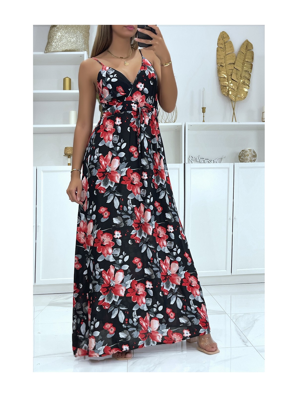 Longue robe croisé motif fleuris noir avec bretelle amovible - 2
