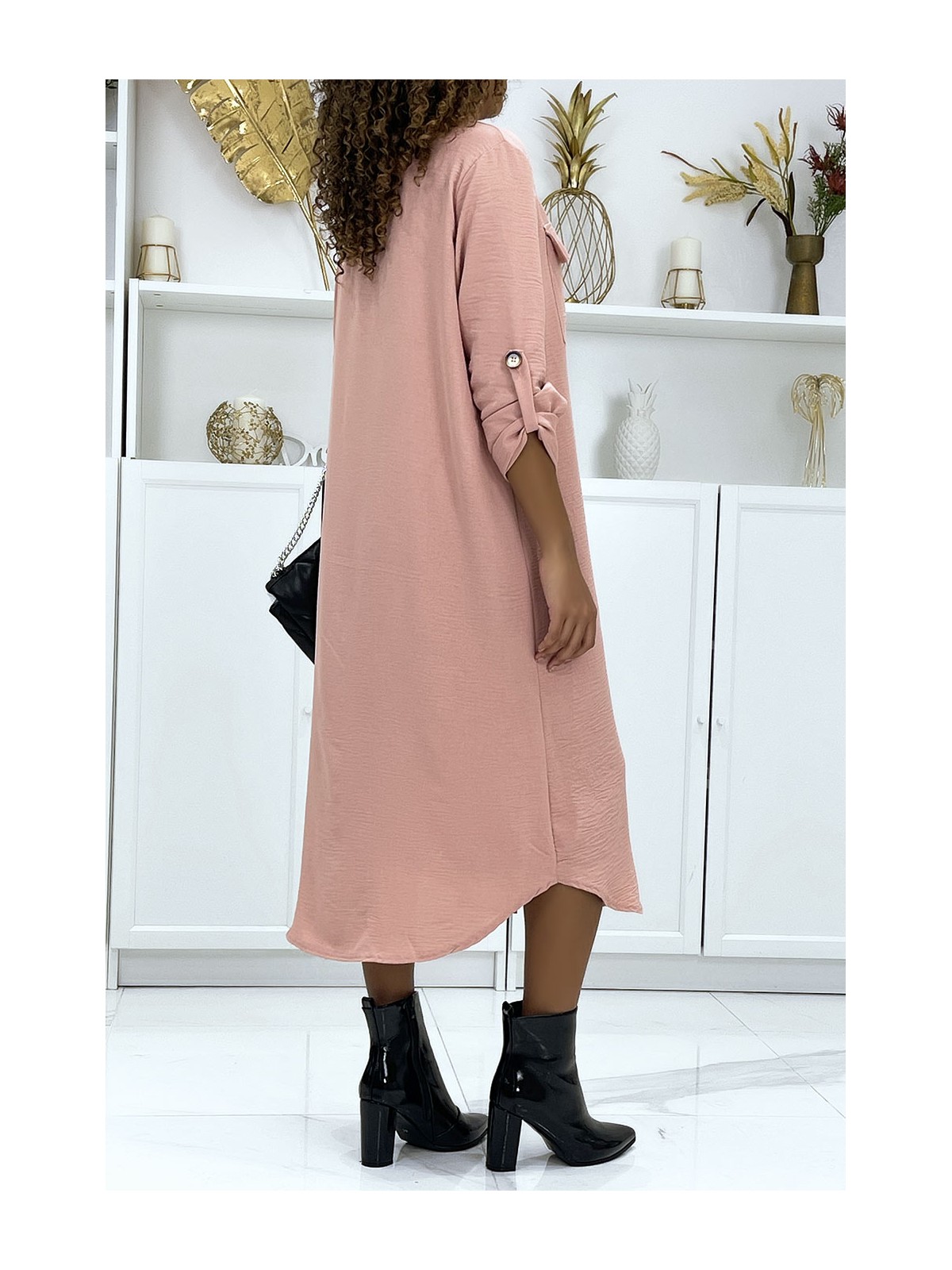 Longue robe chemise rose poches saharienne - 1