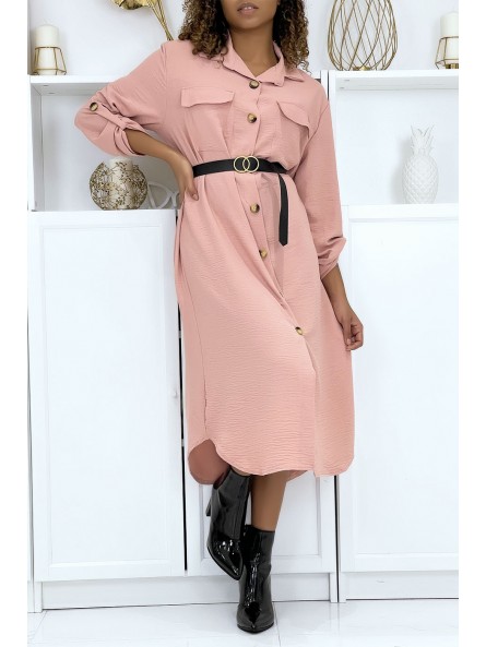 Longue robe chemise rose poches saharienne - 4
