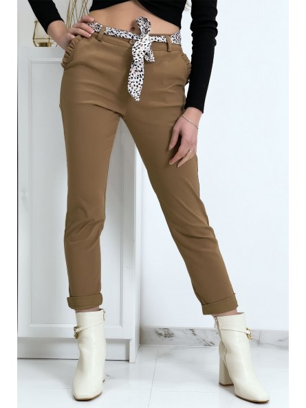 Pantalon strech camel avec poches froufrou et ceinture - 2