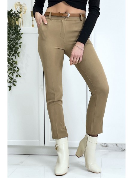 Pantalon working girl camel avec poches et ceinture - 2