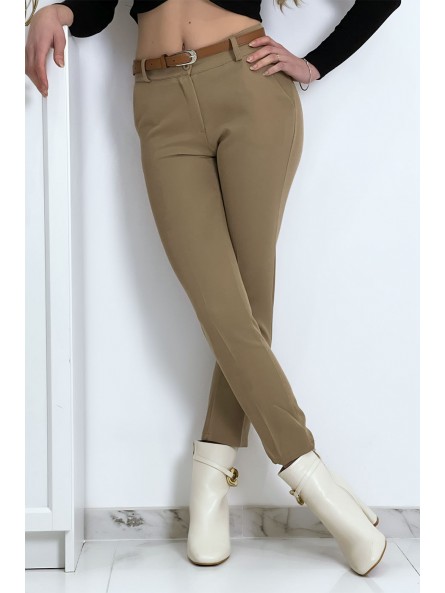 Pantalon working girl camel avec poches et ceinture - 7