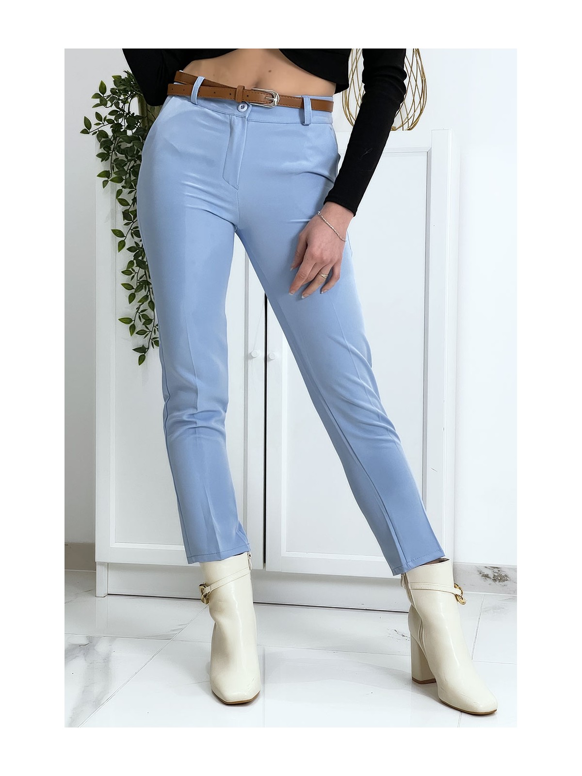 Pantalon working girl bleu avec poches et ceinture - 2